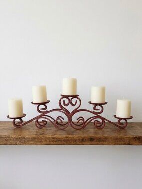 Wrought Iron Candelabra Scrollwork Centerpiece Primitive Candle Holder Farmhouse